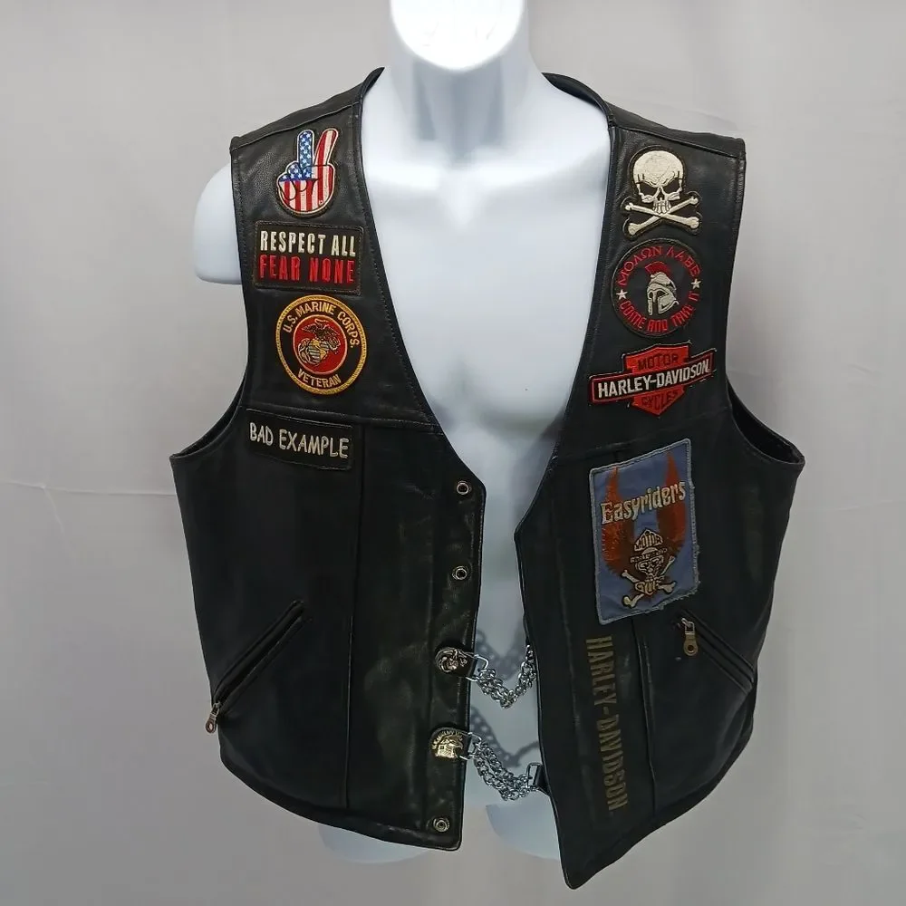 Harley-Davidson Men's Black Leather Biker Vest - Patches & Pins, USMC Veteran L. - Picture 2 of 16
